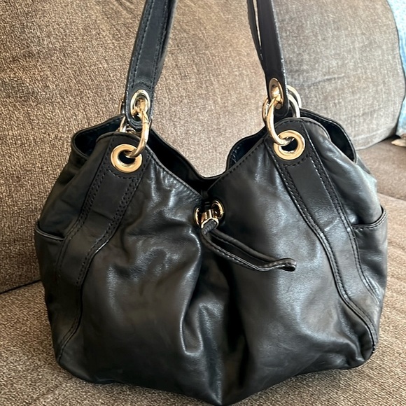 MICHAEL KORS Black Soft Leather Pleated Drawstring Satchel Gold Bag - Picture 1 of 12